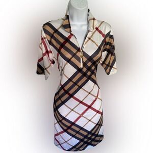 San Soleil UPF 50 Plaid Dress - M white tan black plaid , nylon spandex